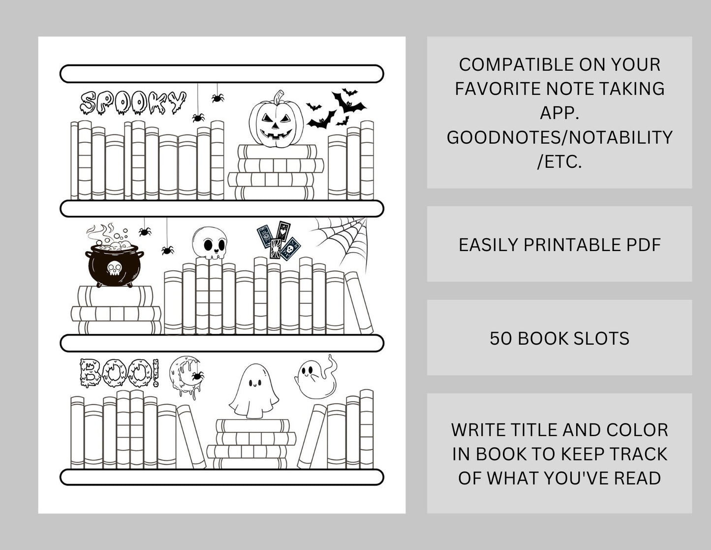 Halloween Bookshelf Reading Log Tracker - 50 Books