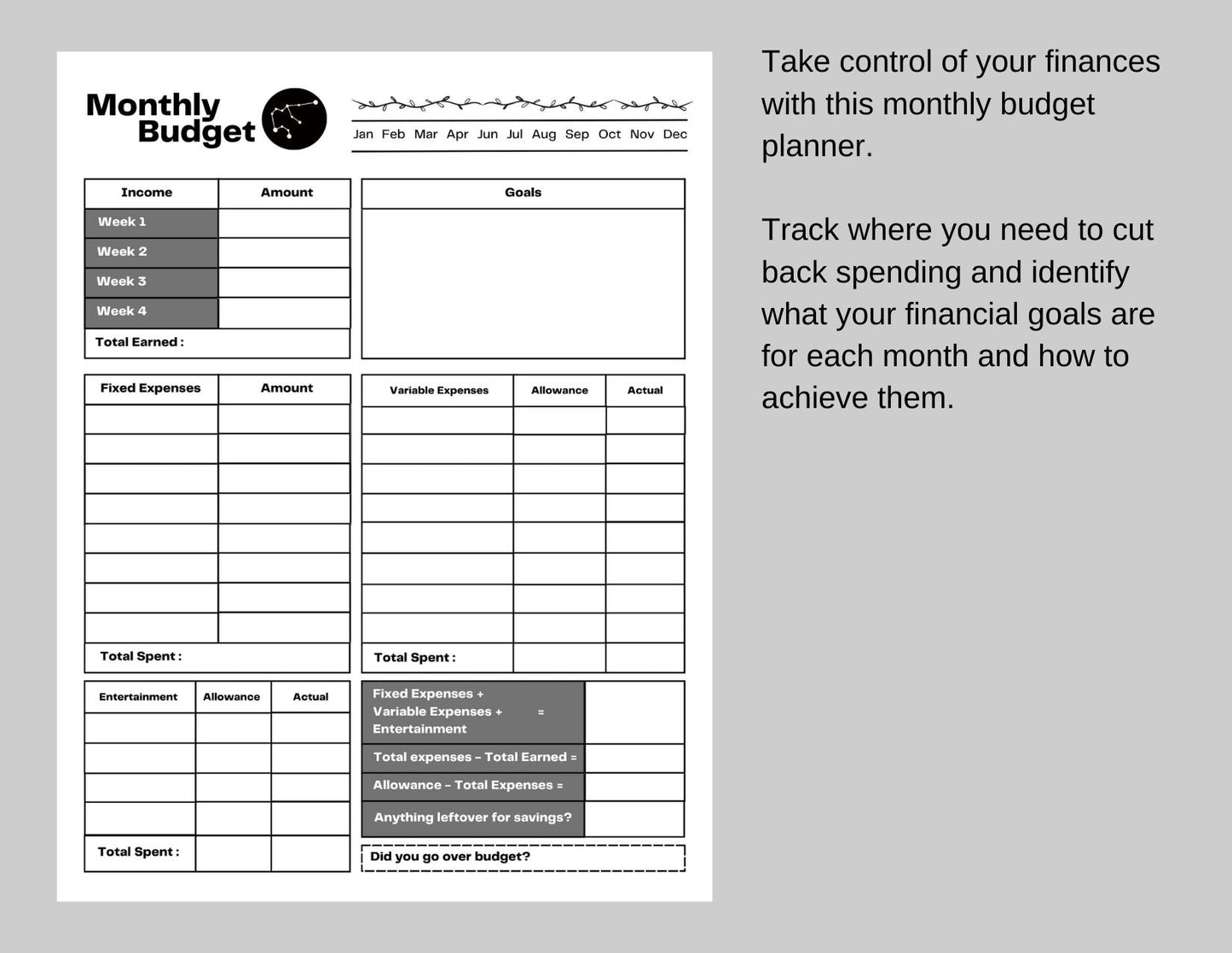 Zodiac Astrology Acquarius Daily Planner and Monthly Budget Tracker