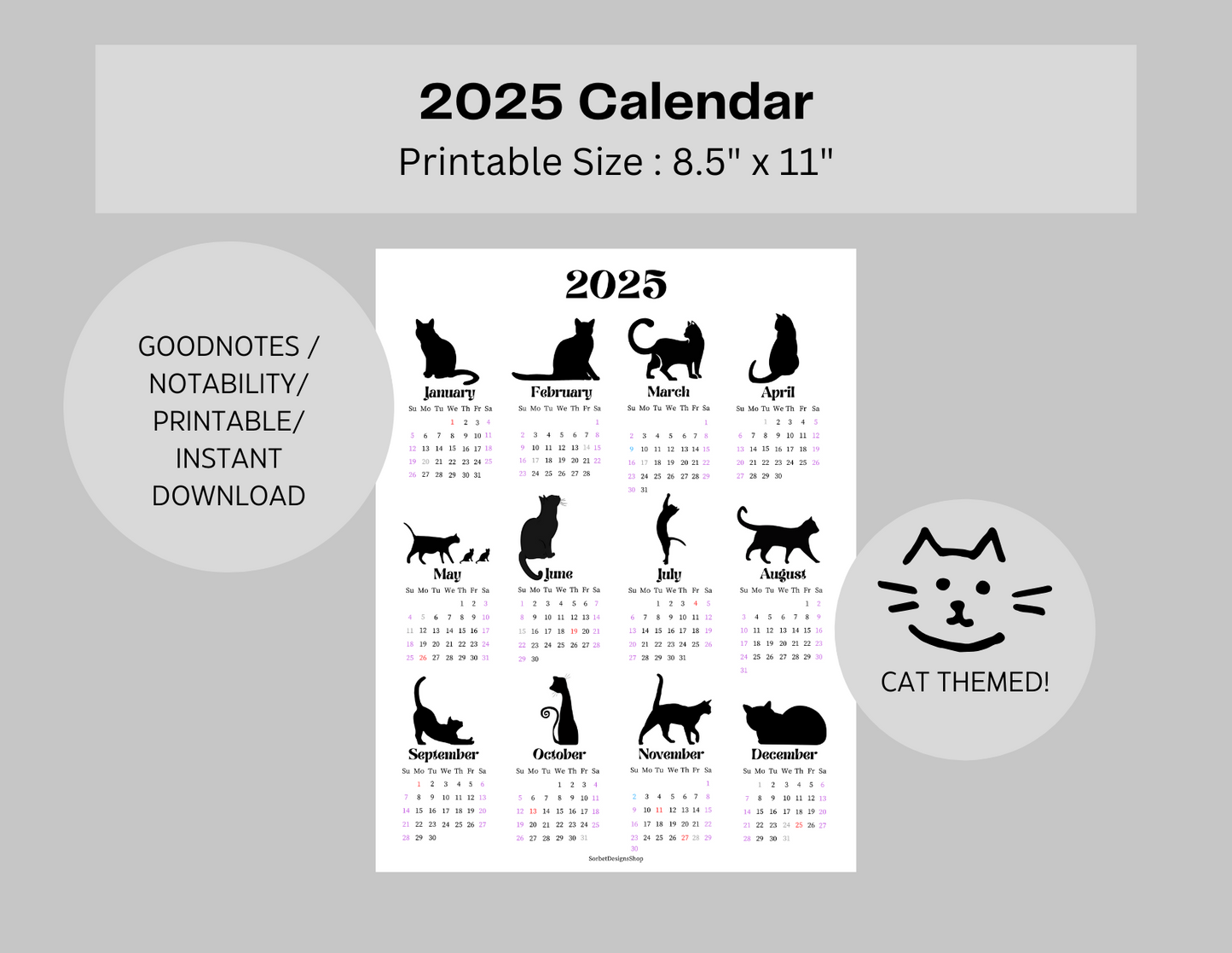 2025 Minimalist Cat Themed Year at a Glance Calendar