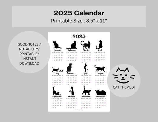 2025 Minimalist Cat Themed Year at a Glance Calendar