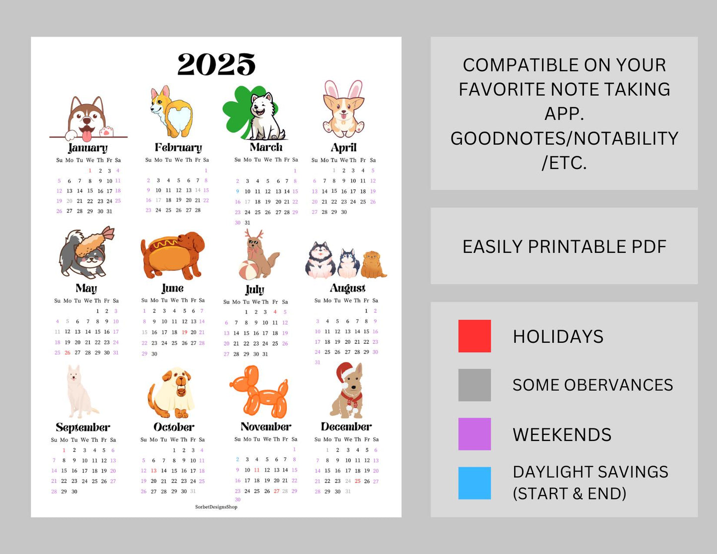 2025 Dog Themed Year at a Glance Calendar