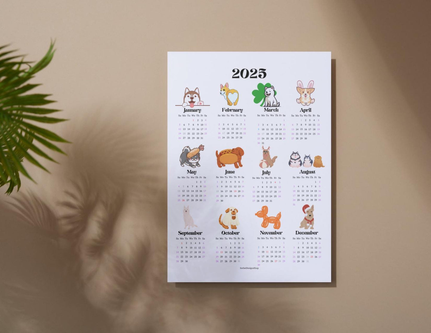 2025 Dog Themed Year at a Glance Calendar