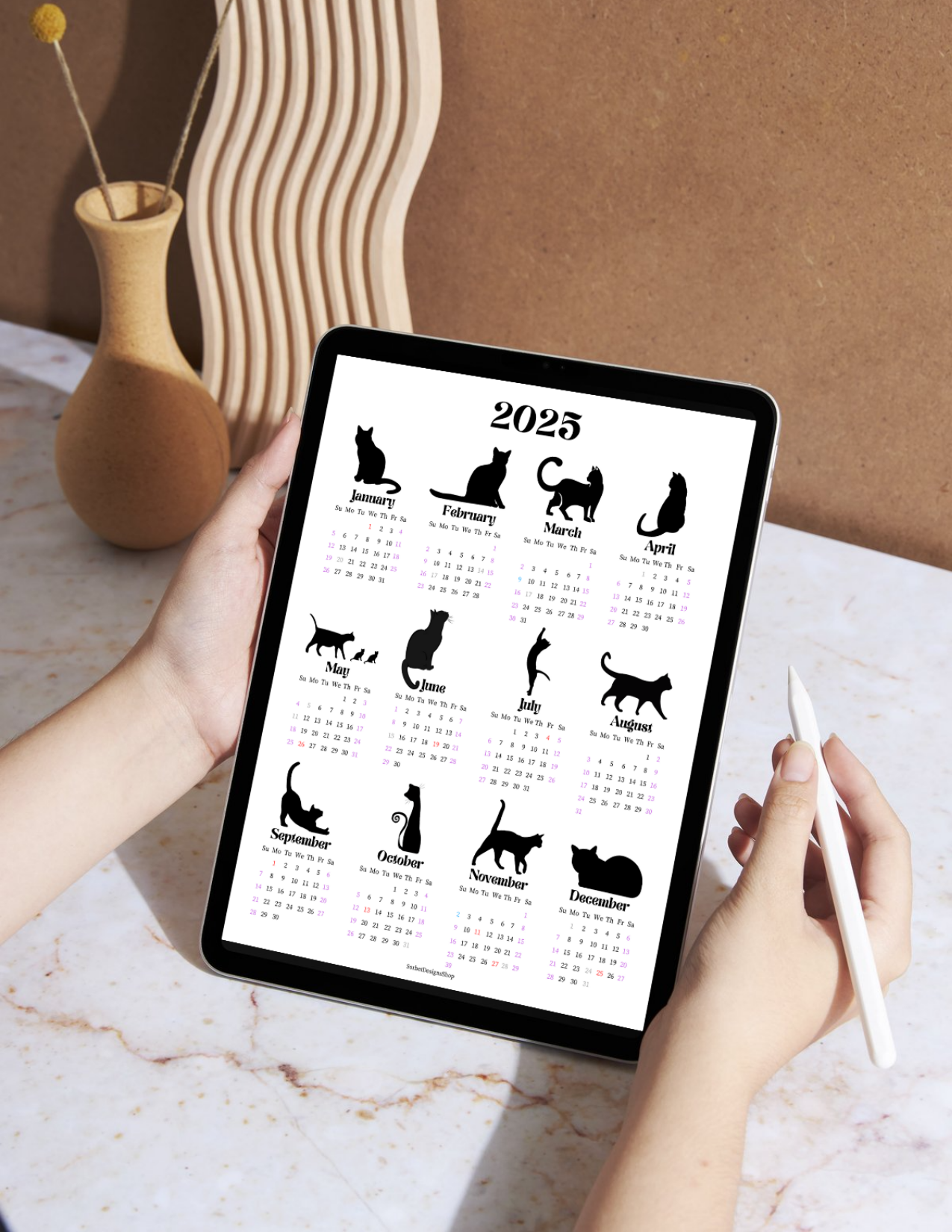 2025 Minimalist Cat Themed Year at a Glance Calendar