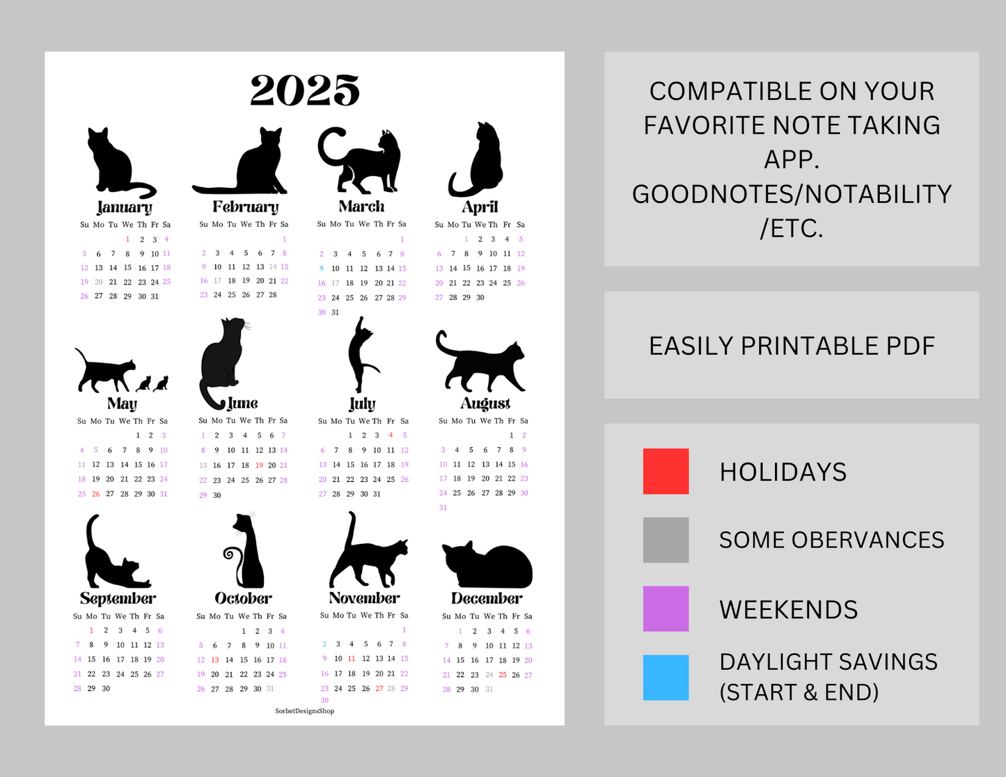 2025 Minimalist Cat Themed Year at a Glance Calendar