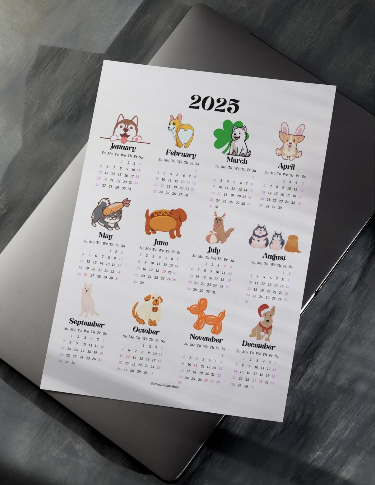 2025 Dog Themed Year at a Glance Calendar