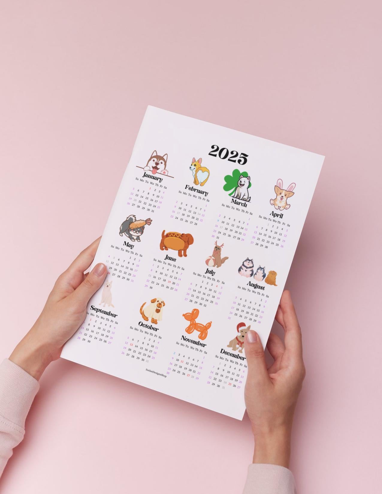 2025 Dog Themed Year at a Glance Calendar