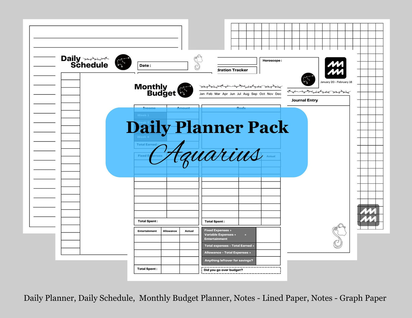 Zodiac Astrology Acquarius Daily Planner and Monthly Budget Tracker