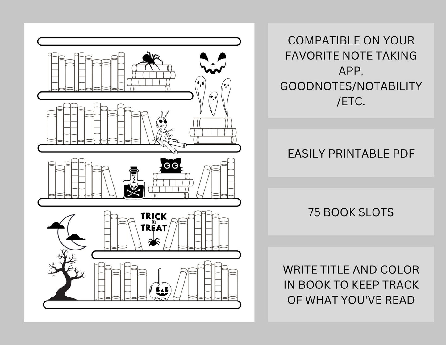 Halloween Bookshelf Reading Log Tracker - 75 Books