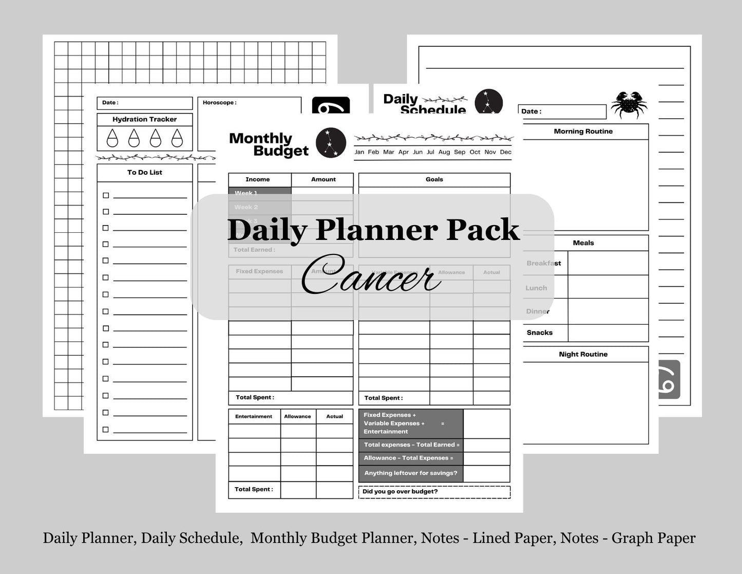 Zodiac Astrology Cancer Daily Planner and Monthly Budget Tracker