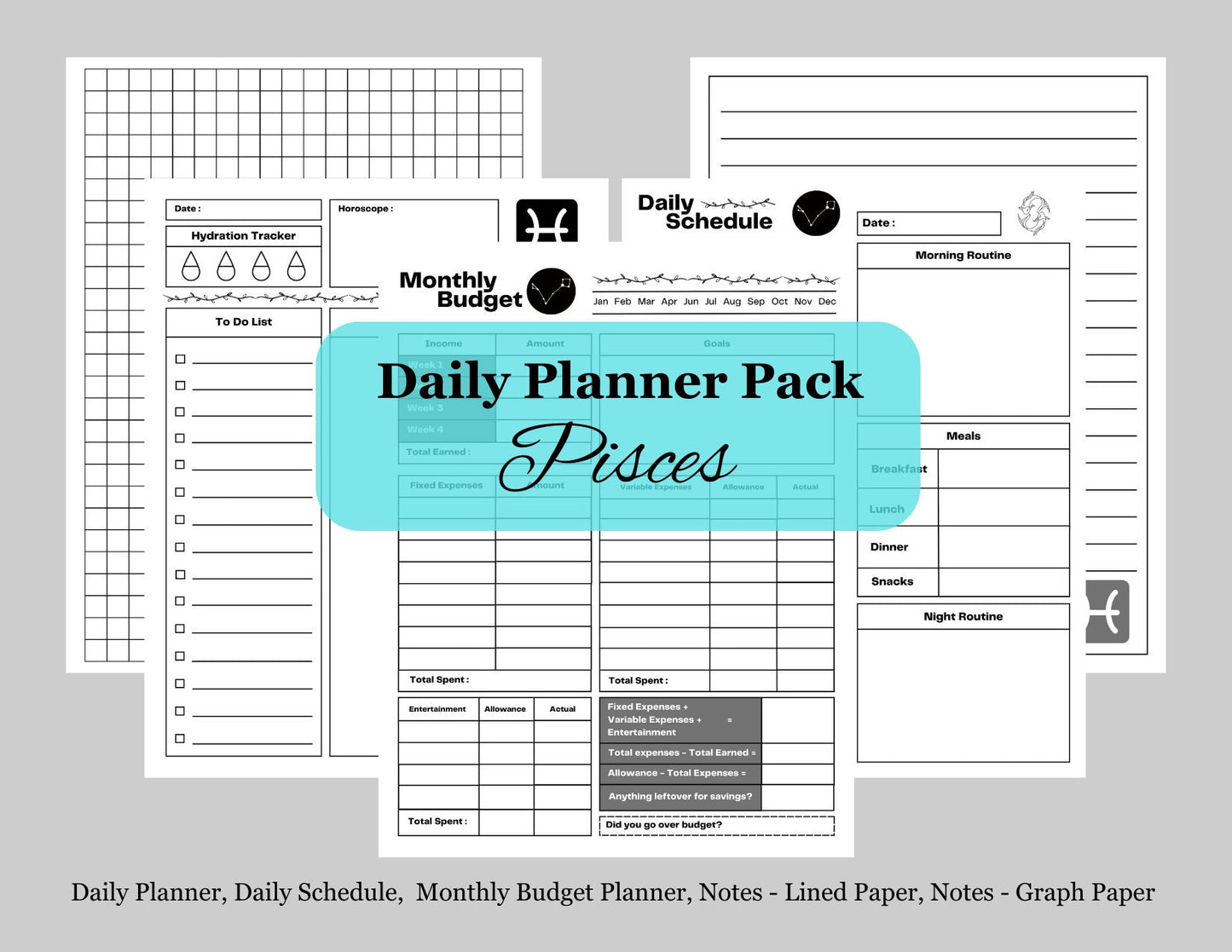 Zodiac Astrology Pisces Daily Planner and Monthly Budget Tracker