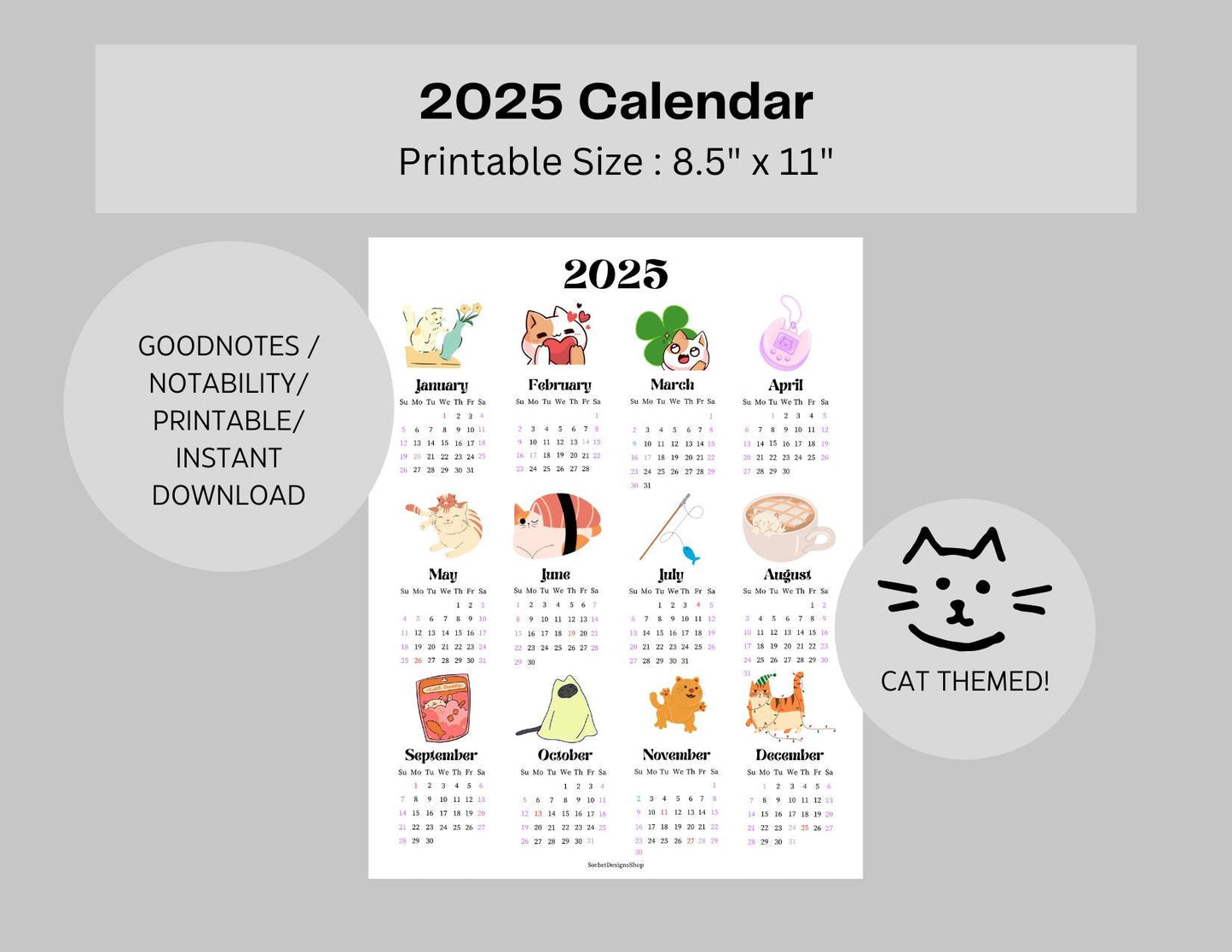 2025 Colorful Cat Themed Year at a Glance Calendar