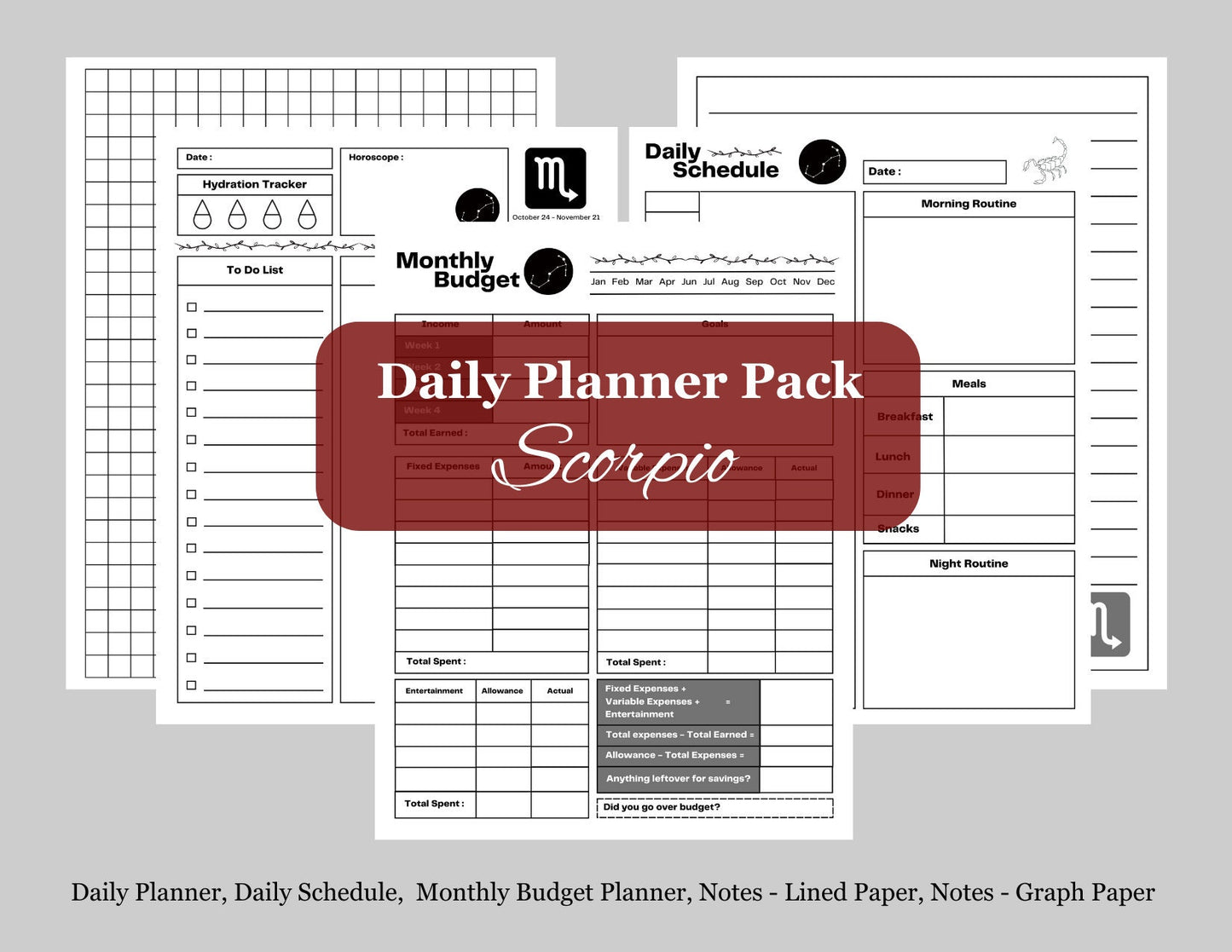 Zodiac Astrology Scorpio Daily Planner and Monthly Budget Tracker