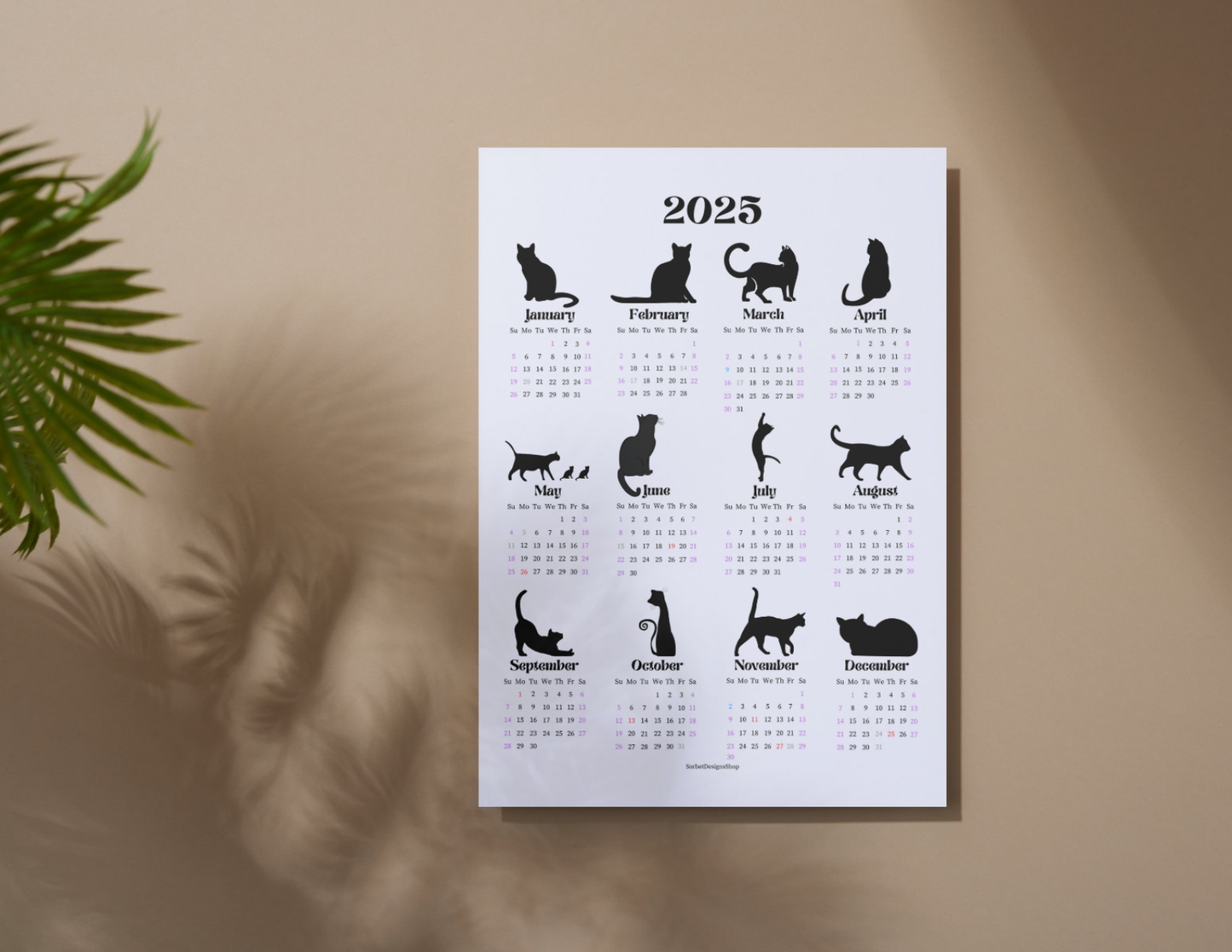 2025 Minimalist Cat Themed Year at a Glance Calendar