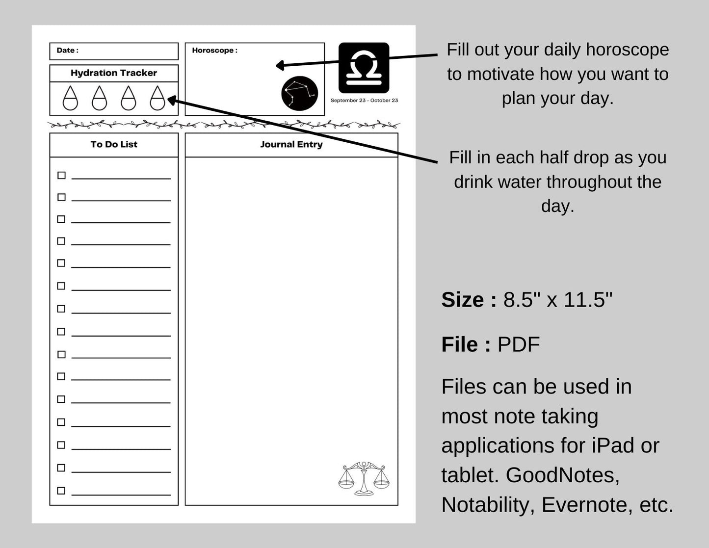 Zodiac Astrology Libra Daily Planner and Monthly Budget Tracker