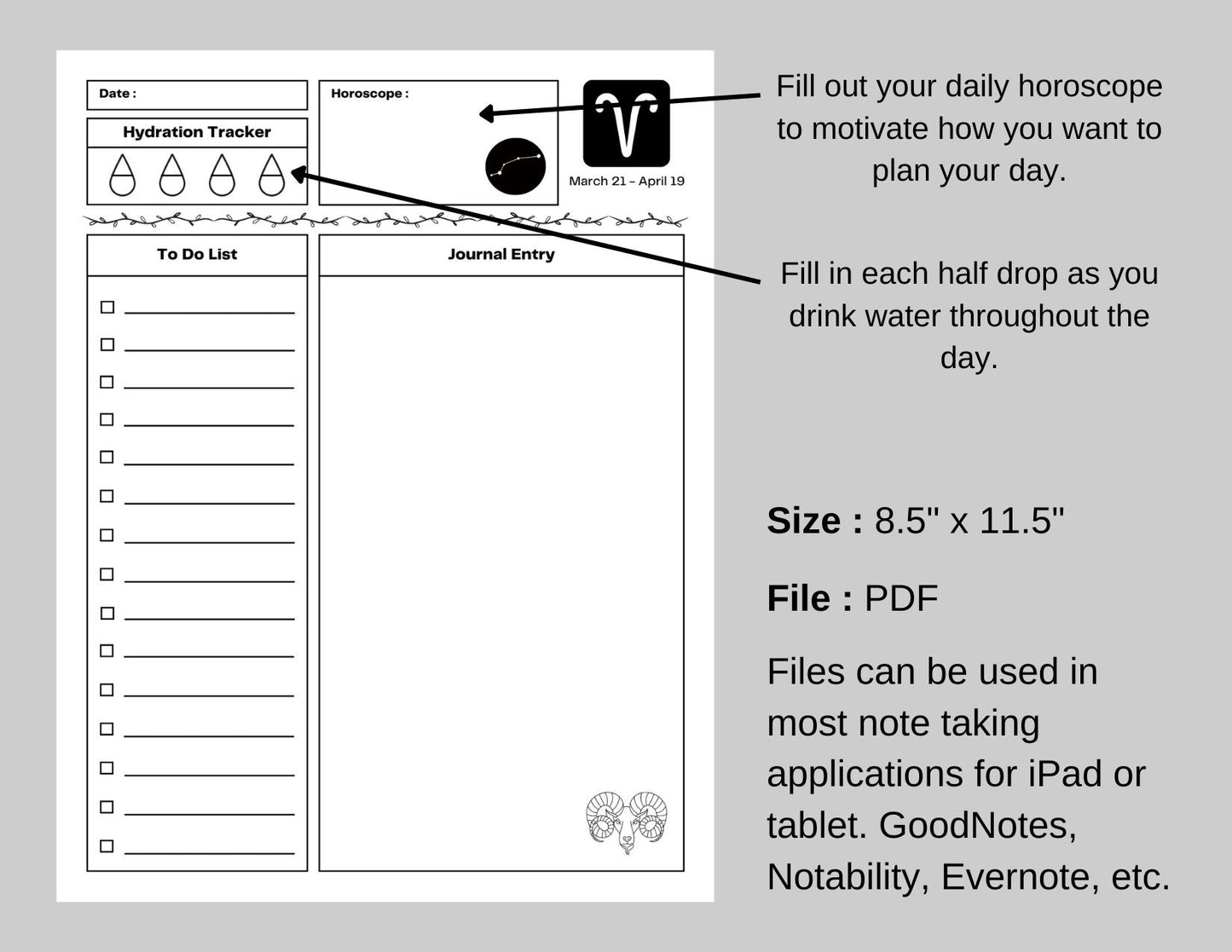 Zodiac Astrology Aries Daily Planner and Monthly Budget Tracker