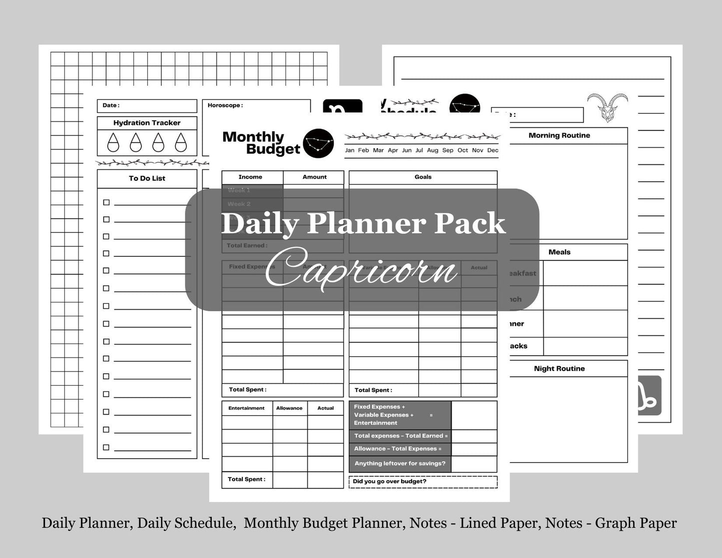 Zodiac Astrology Capricorn Daily Planner and Monthly Budget Tracker