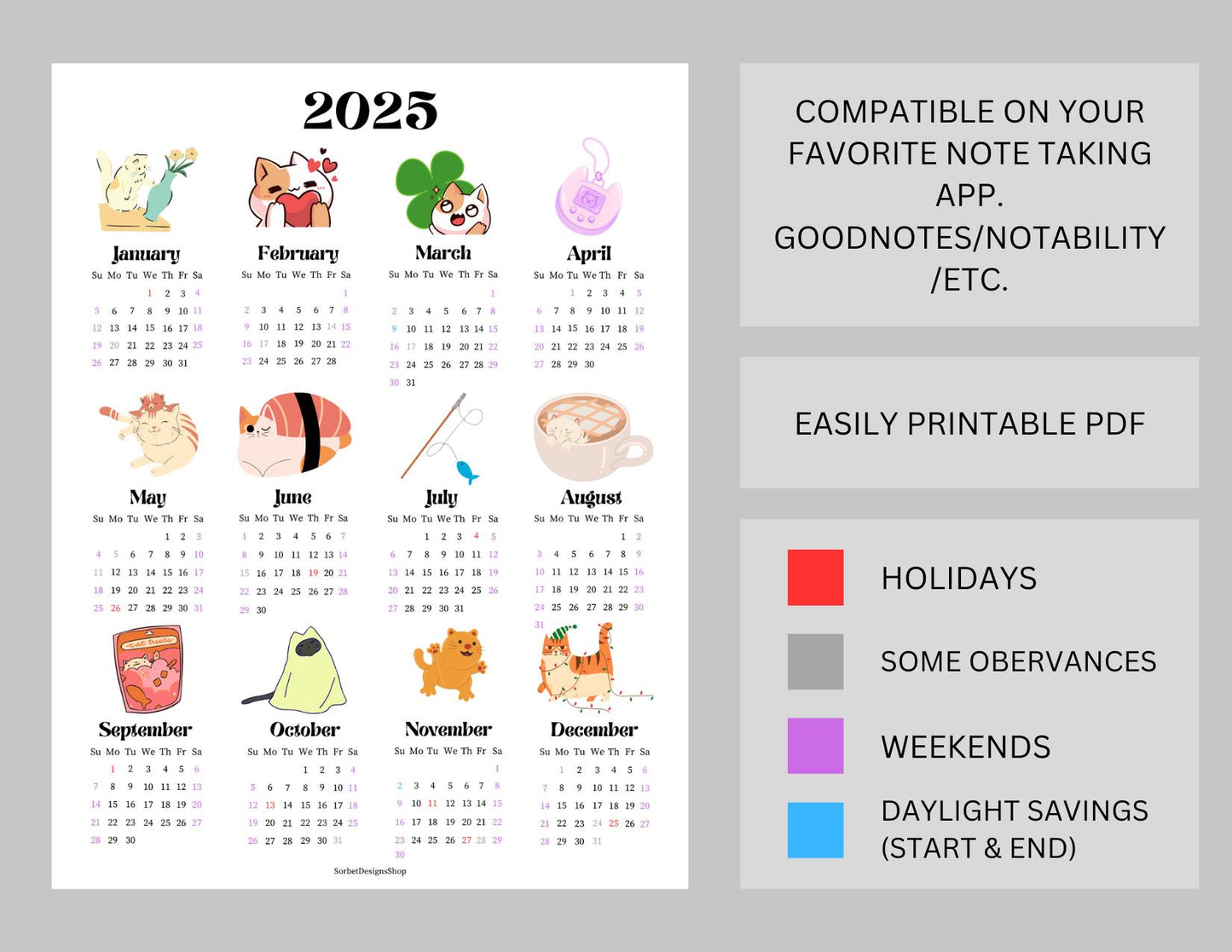 2025 Colorful Cat Themed Year at a Glance Calendar