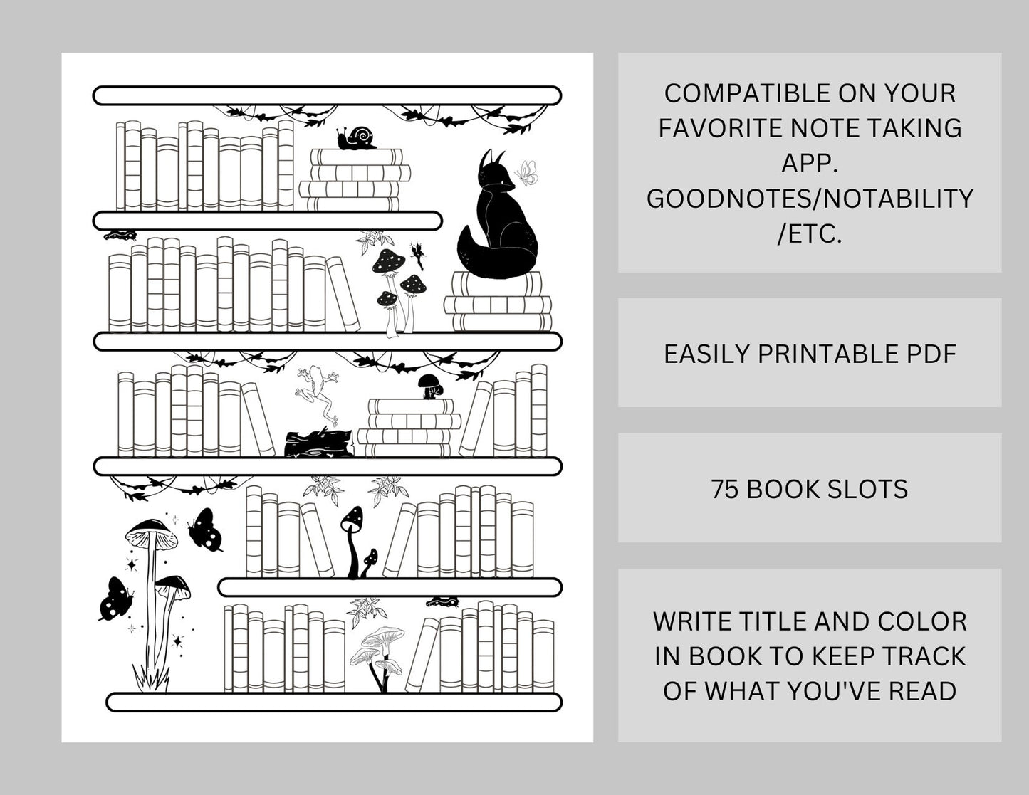 Mushroom Forest Bookshelf Reading Log Tracker - 75 Books