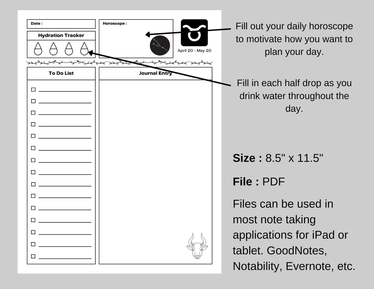 Zodiac Astrology Taurus Daily Planner and Monthly Budget Tracker