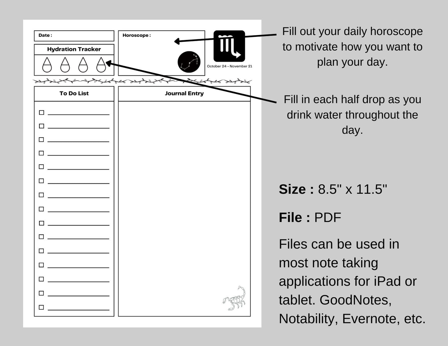 Zodiac Astrology Scorpio Daily Planner and Monthly Budget Tracker