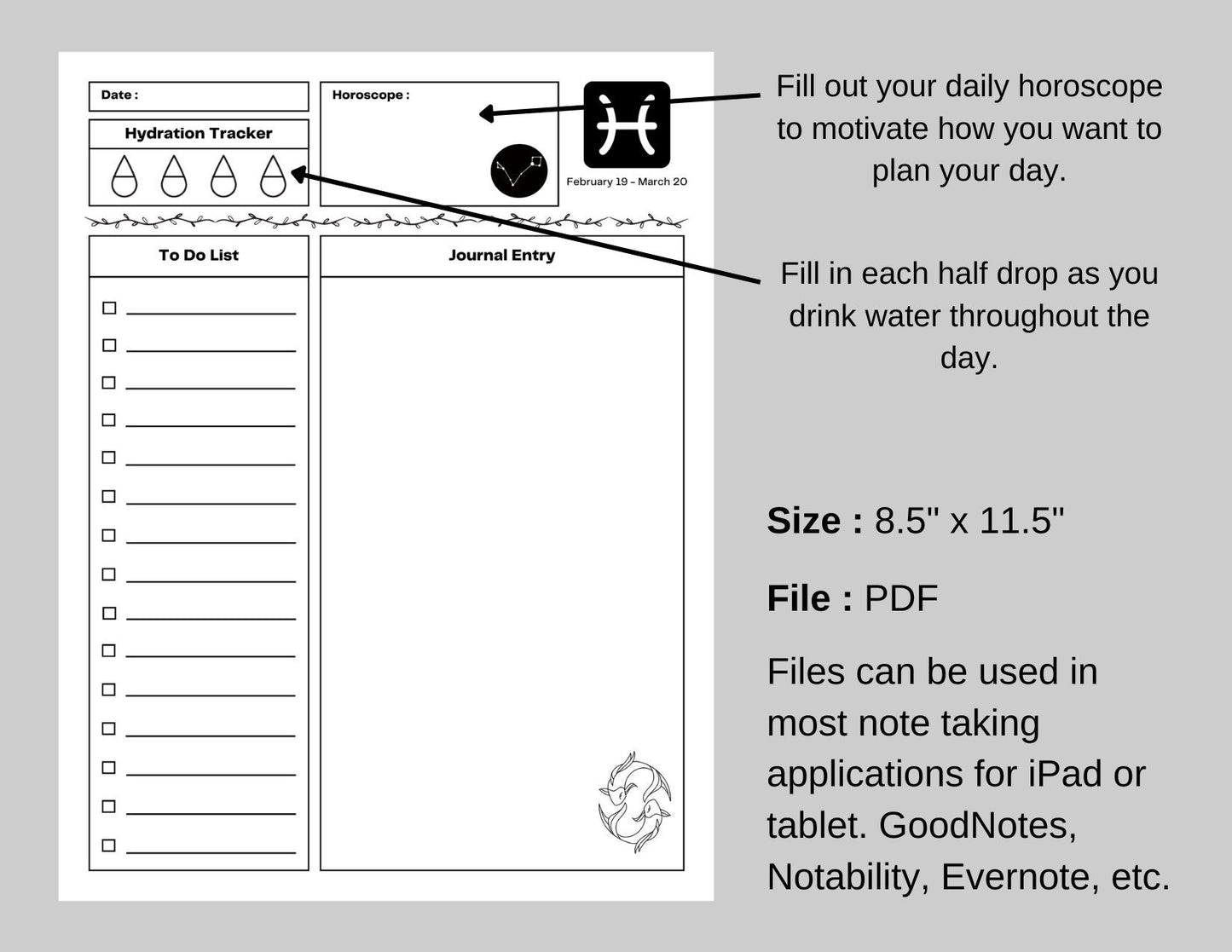 Zodiac Astrology Pisces Daily Planner and Monthly Budget Tracker