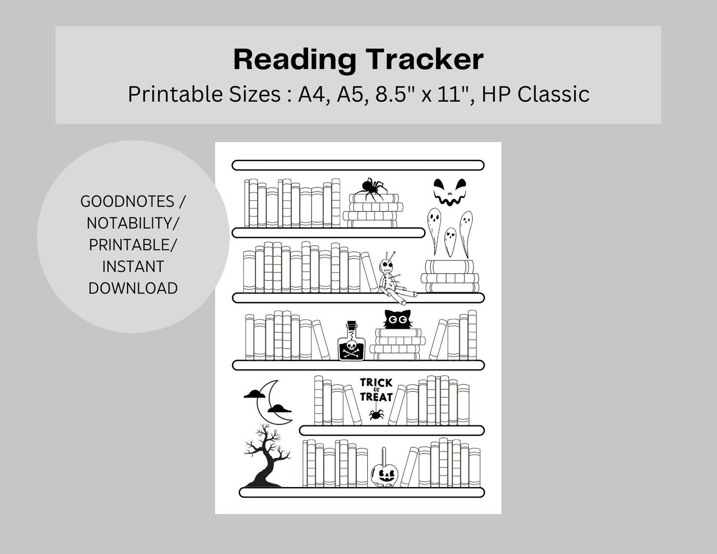 Halloween Bookshelf Reading Log Tracker - 75 Books