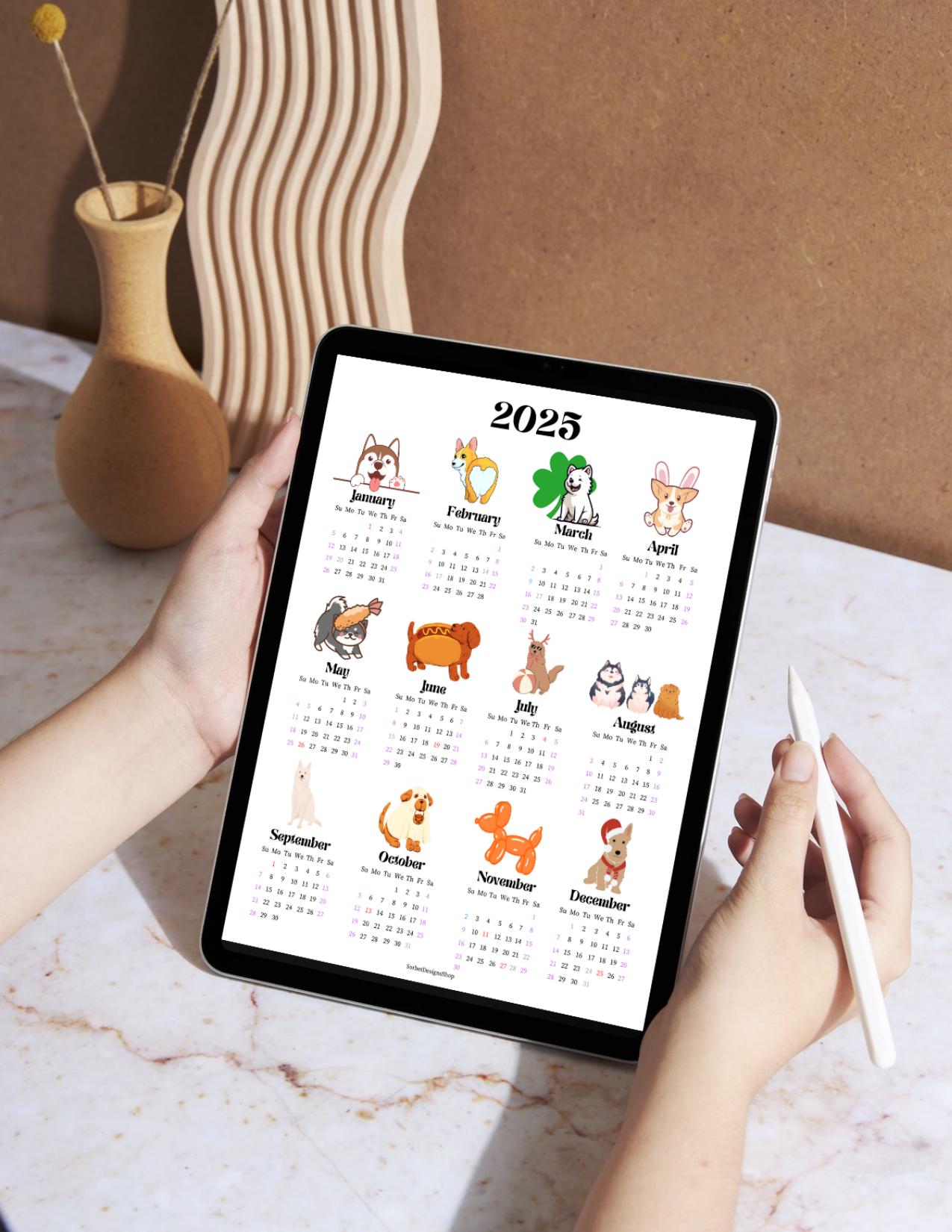 2025 Dog Themed Year at a Glance Calendar