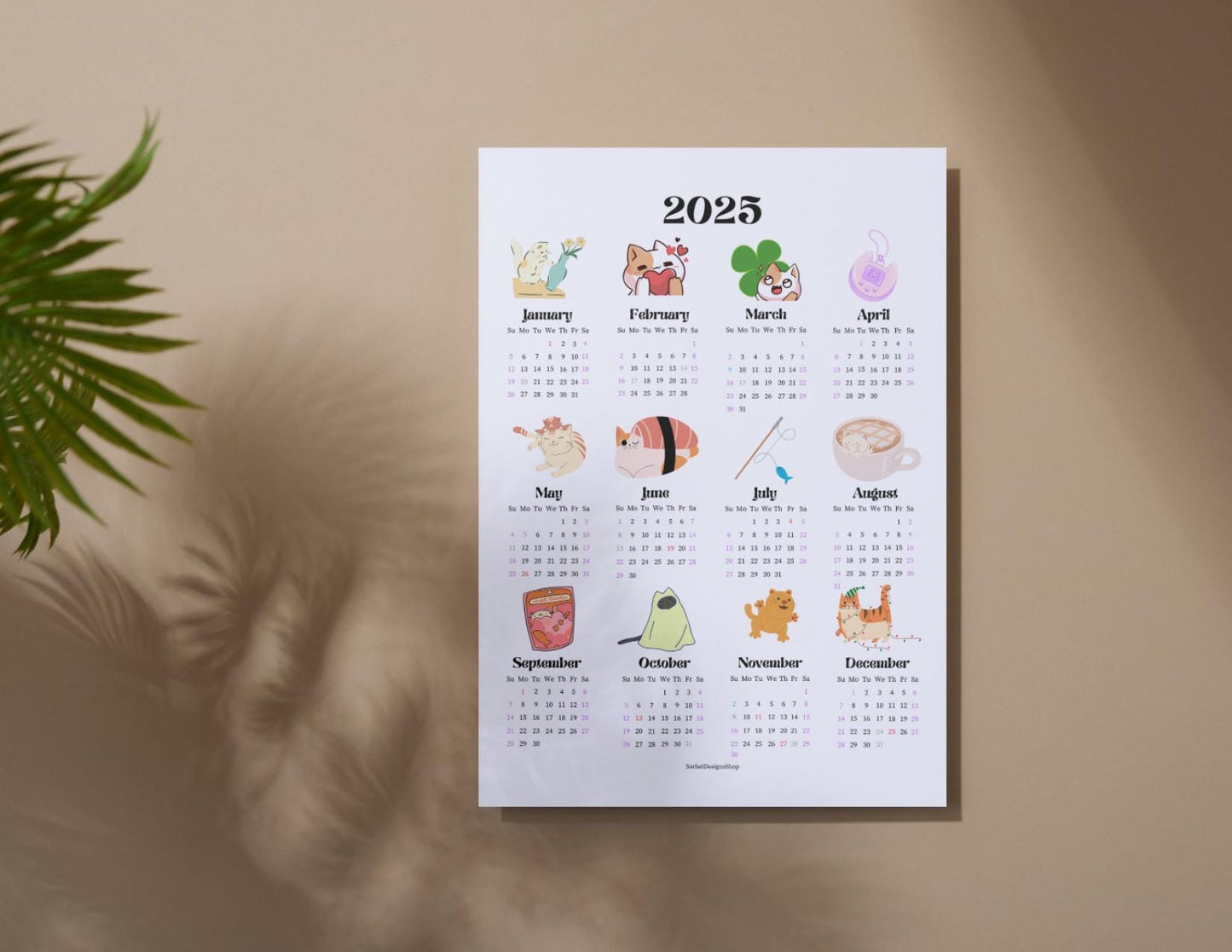 2025 Colorful Cat Themed Year at a Glance Calendar