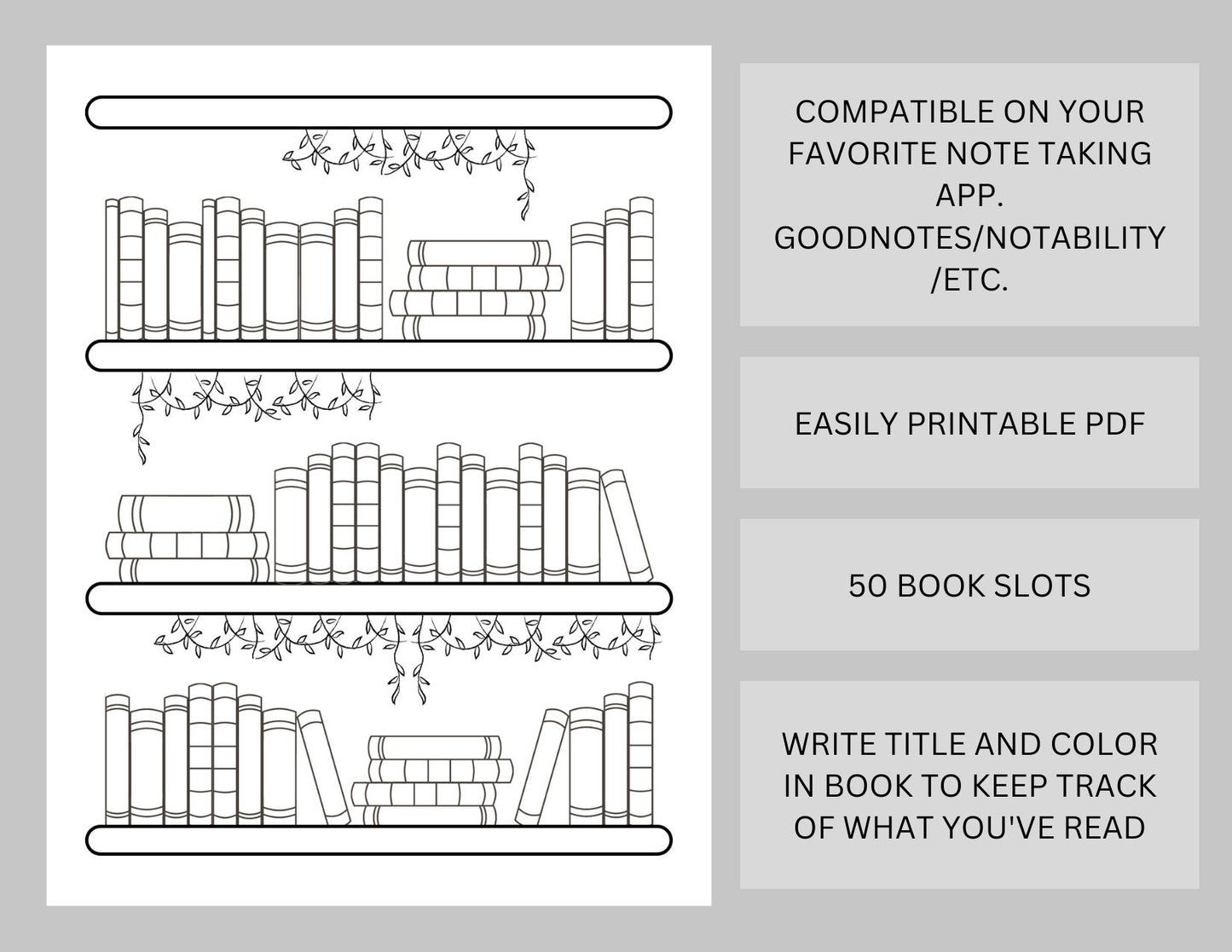 Minimalist Bookshelf Reading Log Tracker - 50 Books