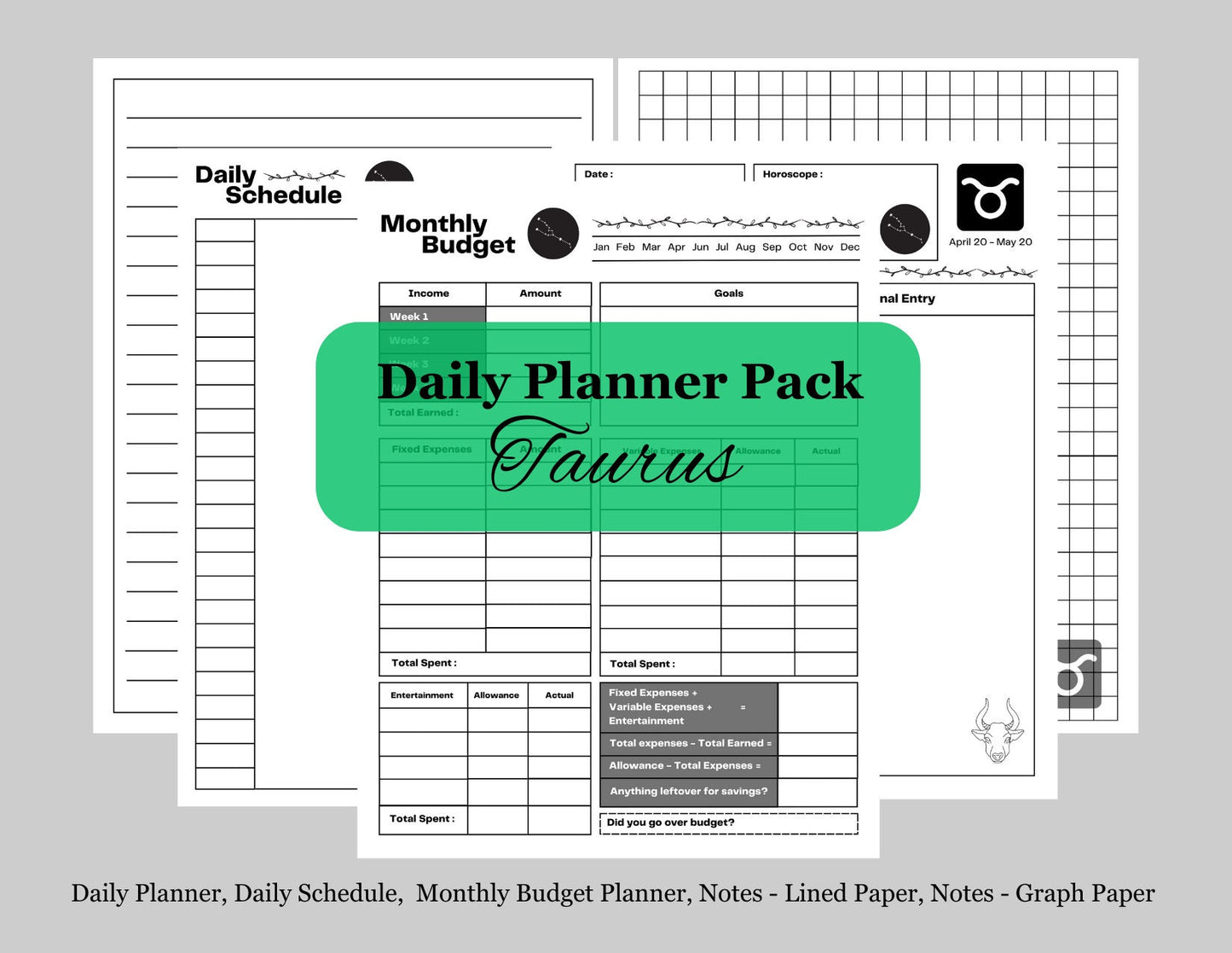 Zodiac Astrology Taurus Daily Planner and Monthly Budget Tracker