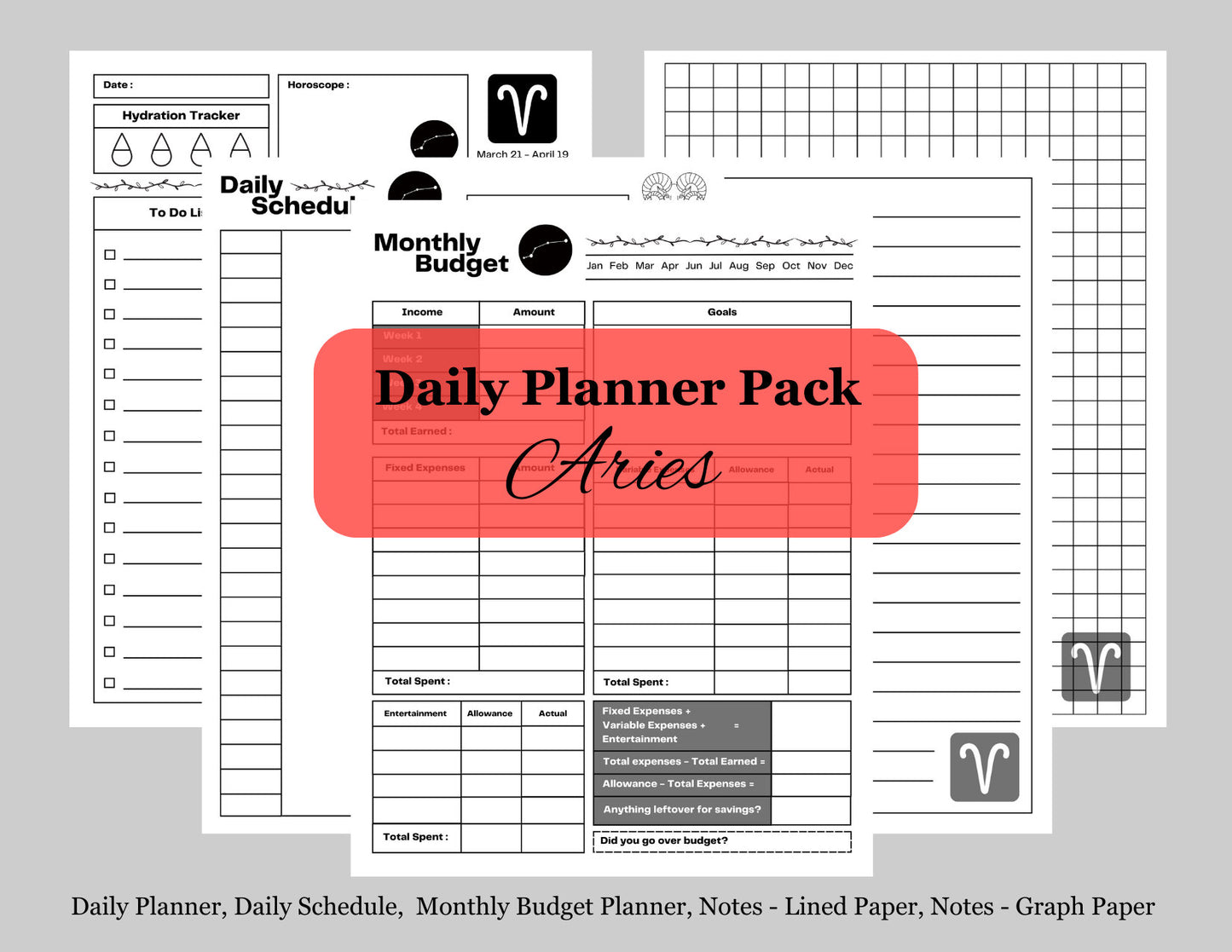 Zodiac Astrology Aries Daily Planner and Monthly Budget Tracker