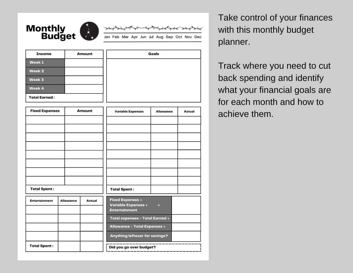 Zodiac Astrology Cancer Daily Planner and Monthly Budget Tracker