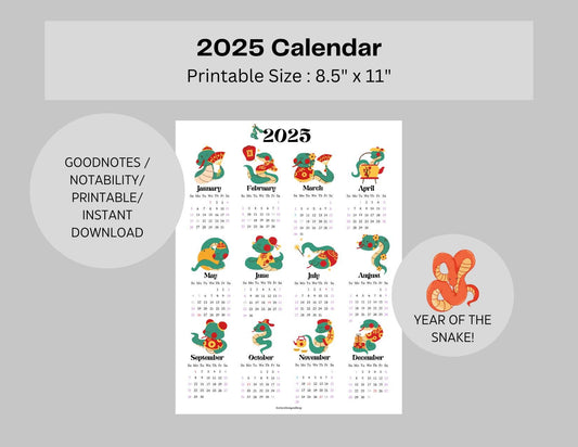 2025 Year of the Snaked Themed Year at a Glance Calendar