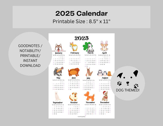 2025 Dog Themed Year at a Glance Calendar