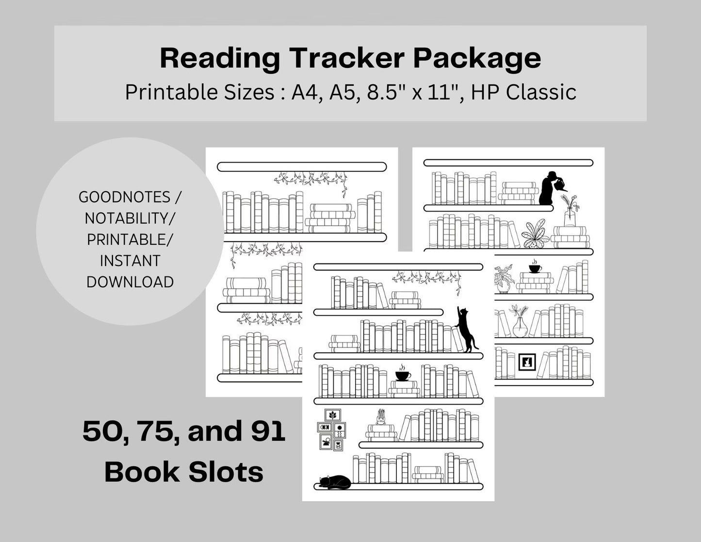 Bookshelf Reading Log Tracker Collection - 50, 75, 91 Books