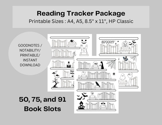 Halloween Bookshelf Reading Log Tracker Collection - 50, 75, 91 Books