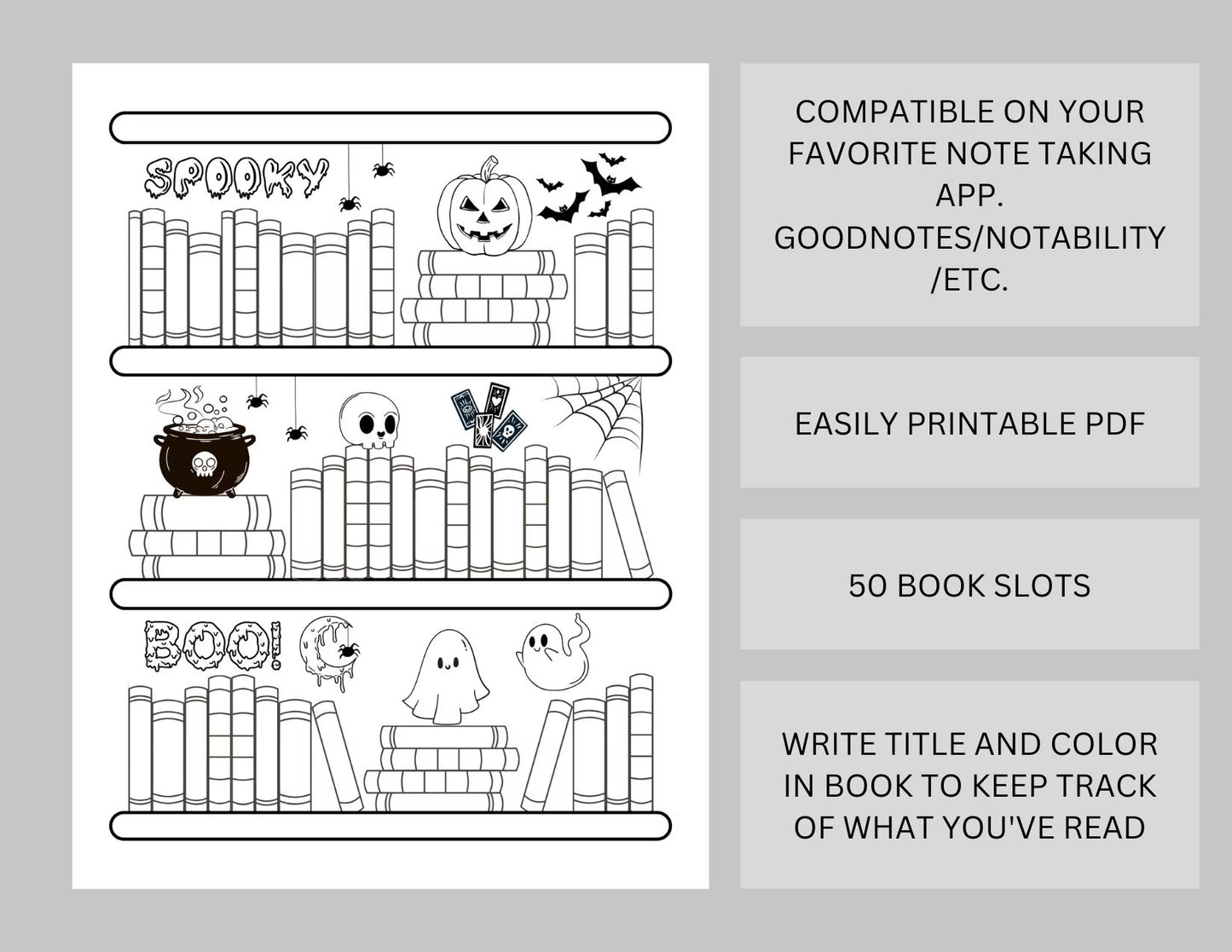 Halloween Bookshelf Reading Log Tracker Collection - 50, 75, 91 Books