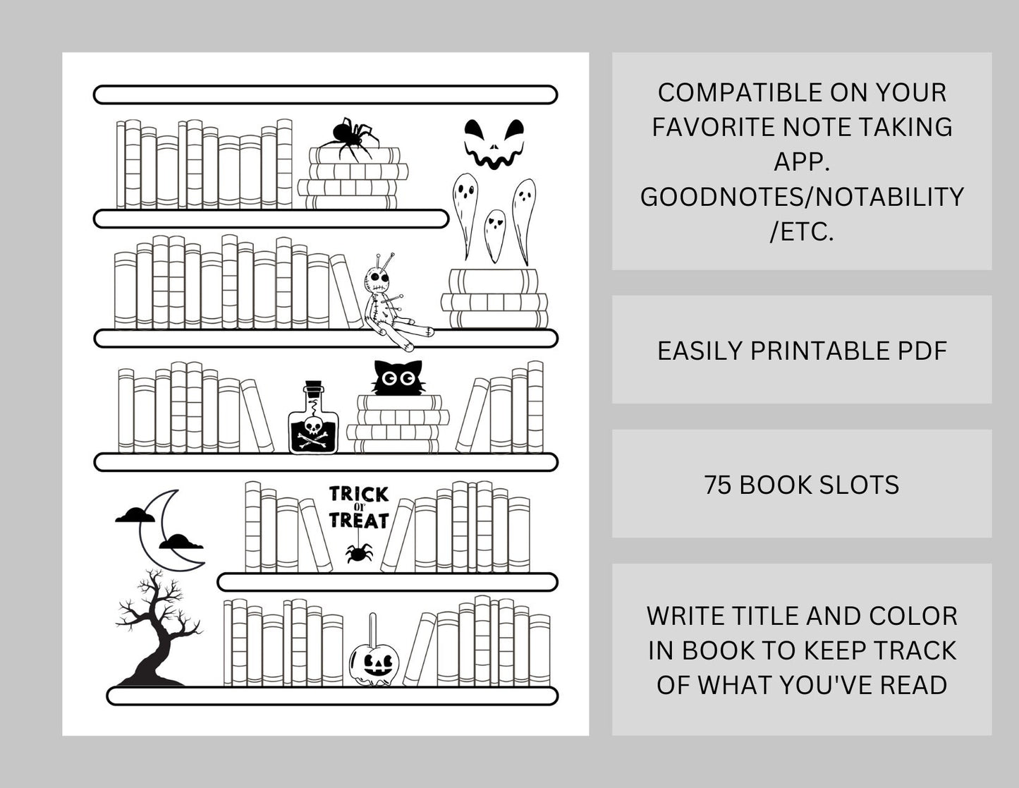 Halloween Bookshelf Reading Log Tracker Collection - 50, 75, 91 Books